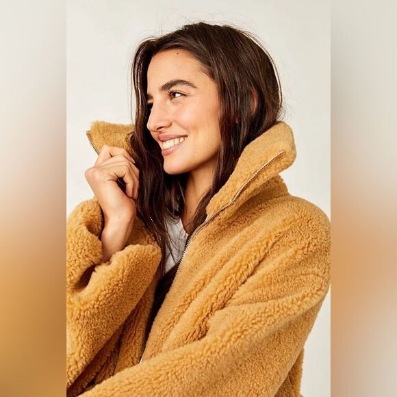 NWT Free People Get Cozy Teddy Full Zip Jacket in Camel Tan - Picture 4 of 12